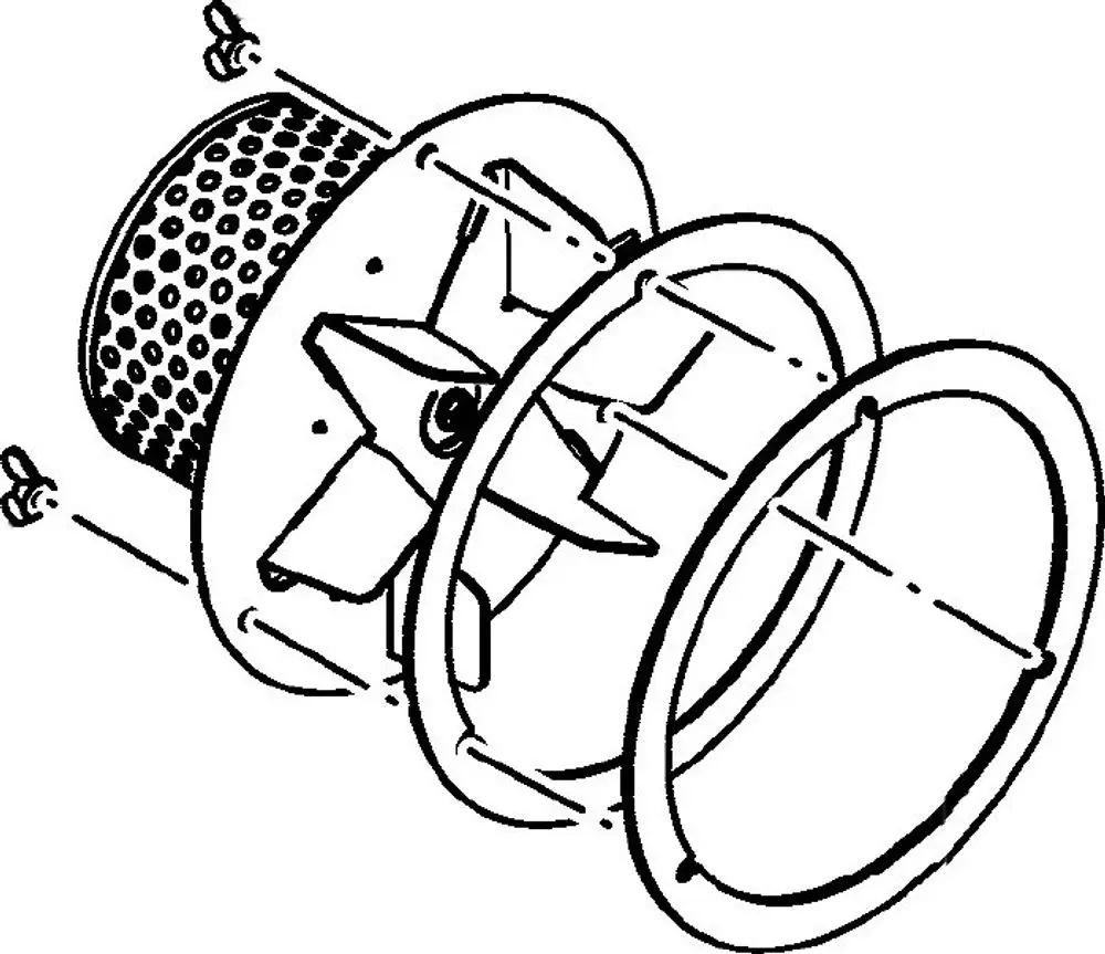 BOSCH Gebläse mit einem offenen Gehäuse, sichtbar sind der Motor und der Filtereinsatz mit einer perforierten Oberfläche. Schrauben zur Befestigung sind ebenfalls dargestellt.